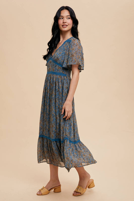 Paisley Flutter Sleeve Midi Dress