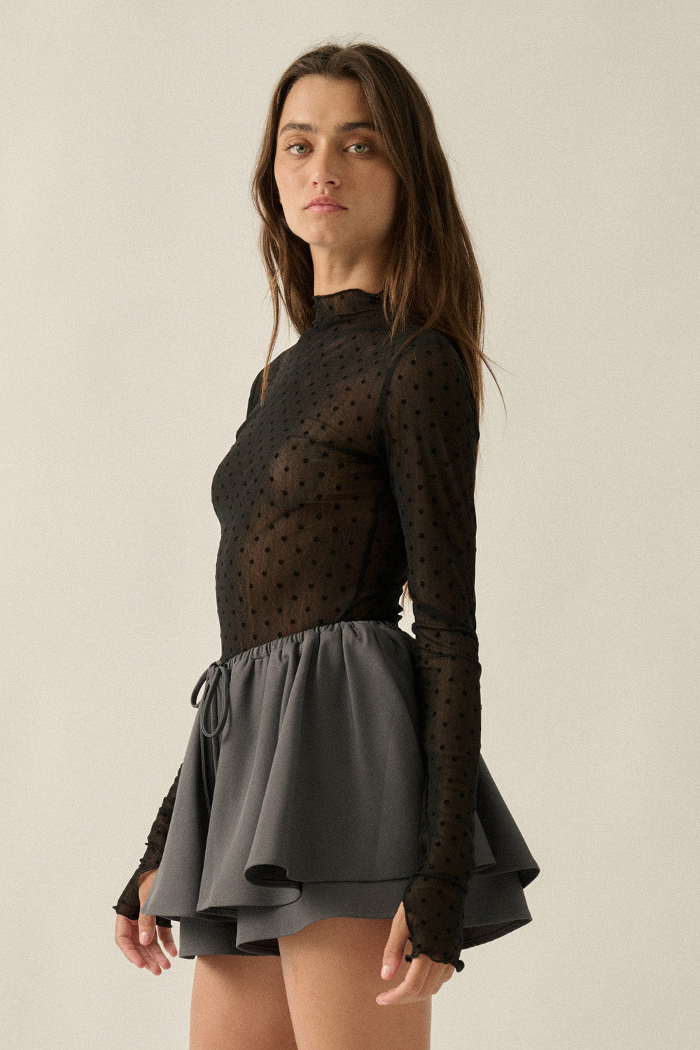Sheer Floral Mesh Mock-Neck Top