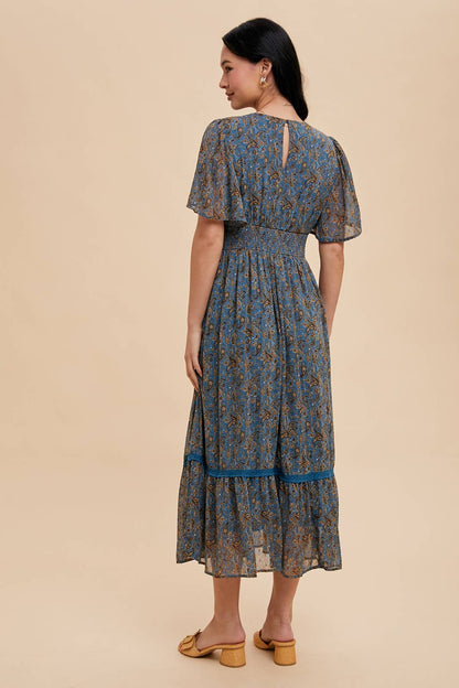 Paisley Flutter Sleeve Midi Dress