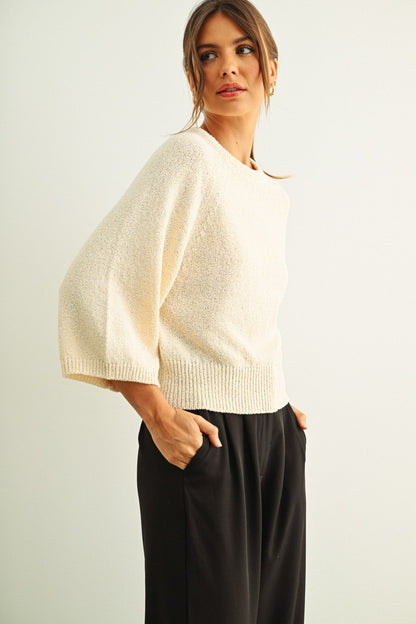 Round Neck 3/4 Sleeve Sweater Beige