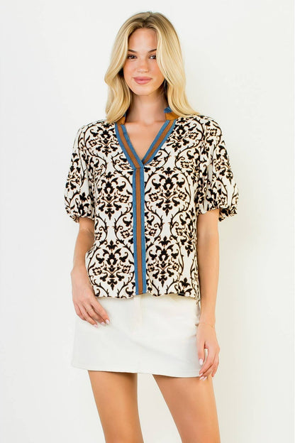 Print Bubble Sleeve Top With Contrast Band