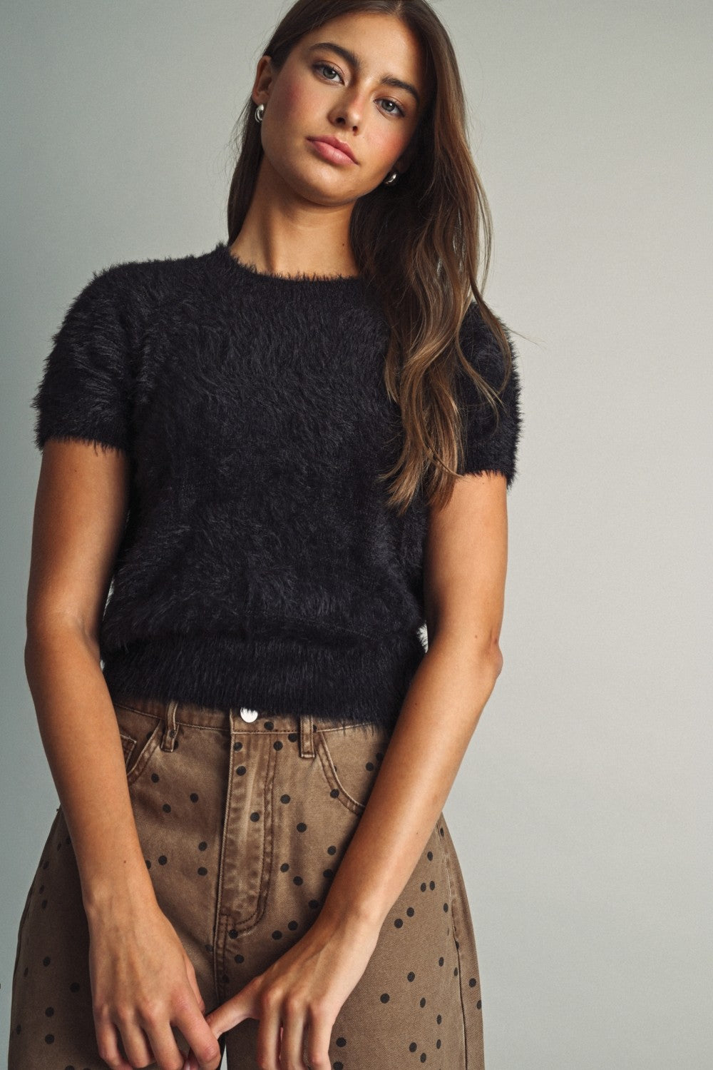Faux Fur Short Sleeve Sweater Black