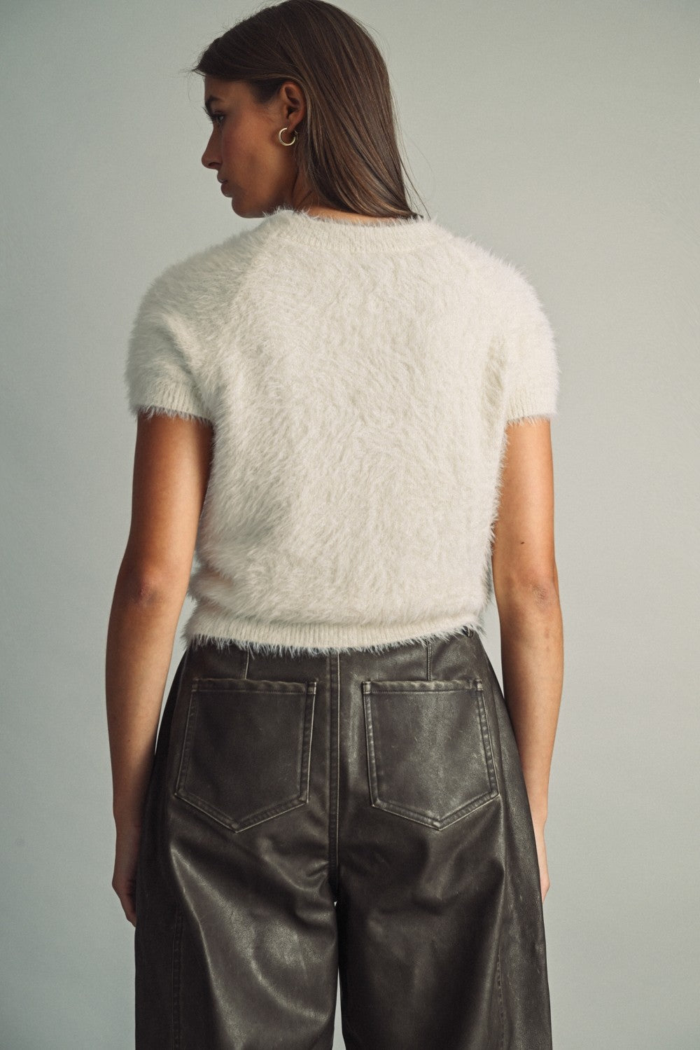 Faux Fur Short Sleeve Sweater Cream