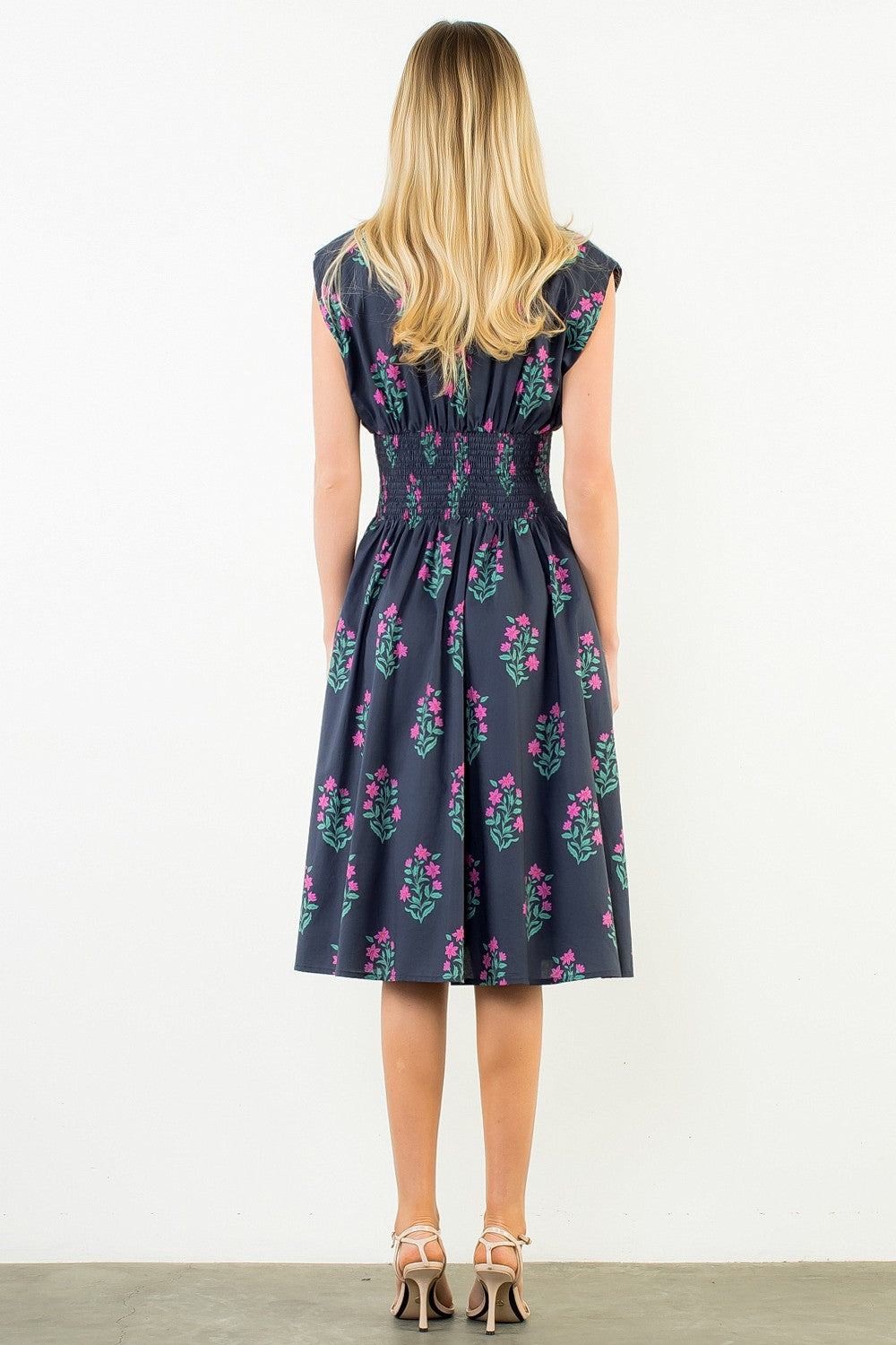 Sleeveless Floral Midi Dress Navy