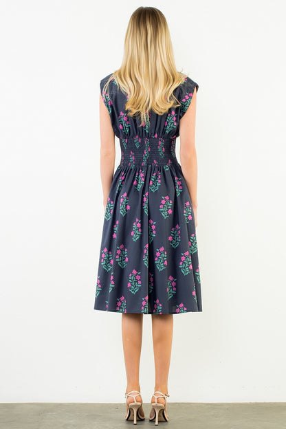 Sleeveless Floral Midi Dress Navy