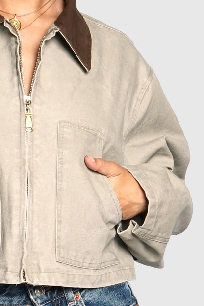 Zip Front Contrast Collar Cotton Jacket