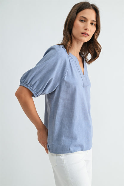 Linen Blend Pleated Raglan Sleeve Top