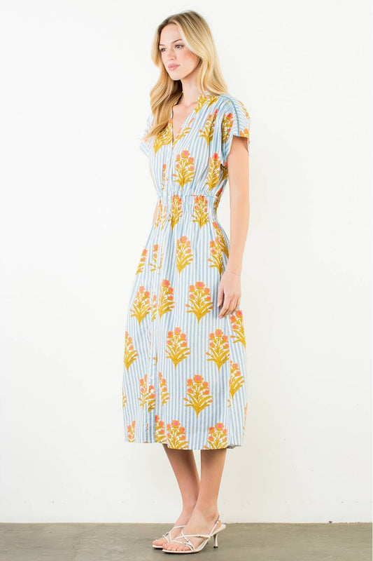 Short Sleeve Floral Striped Print Dress