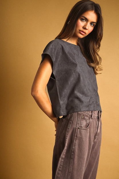 Sued Boxy Crop Top Grey