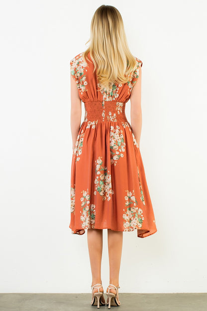 Sleeveless Floral Zipper Midi Dress Orange