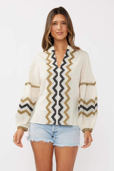 Jacquard Split-Neck Blouse