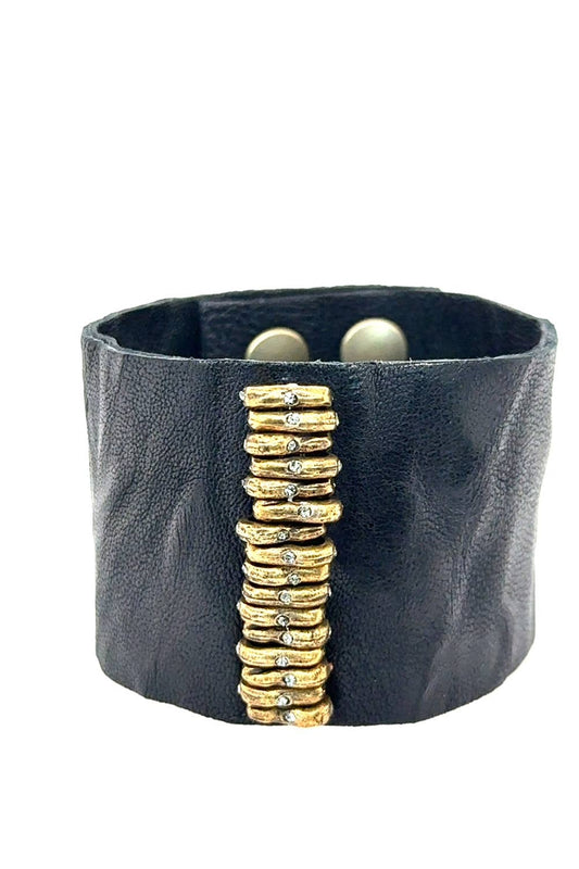 Wide Leather Bracelet With Stacked Beads