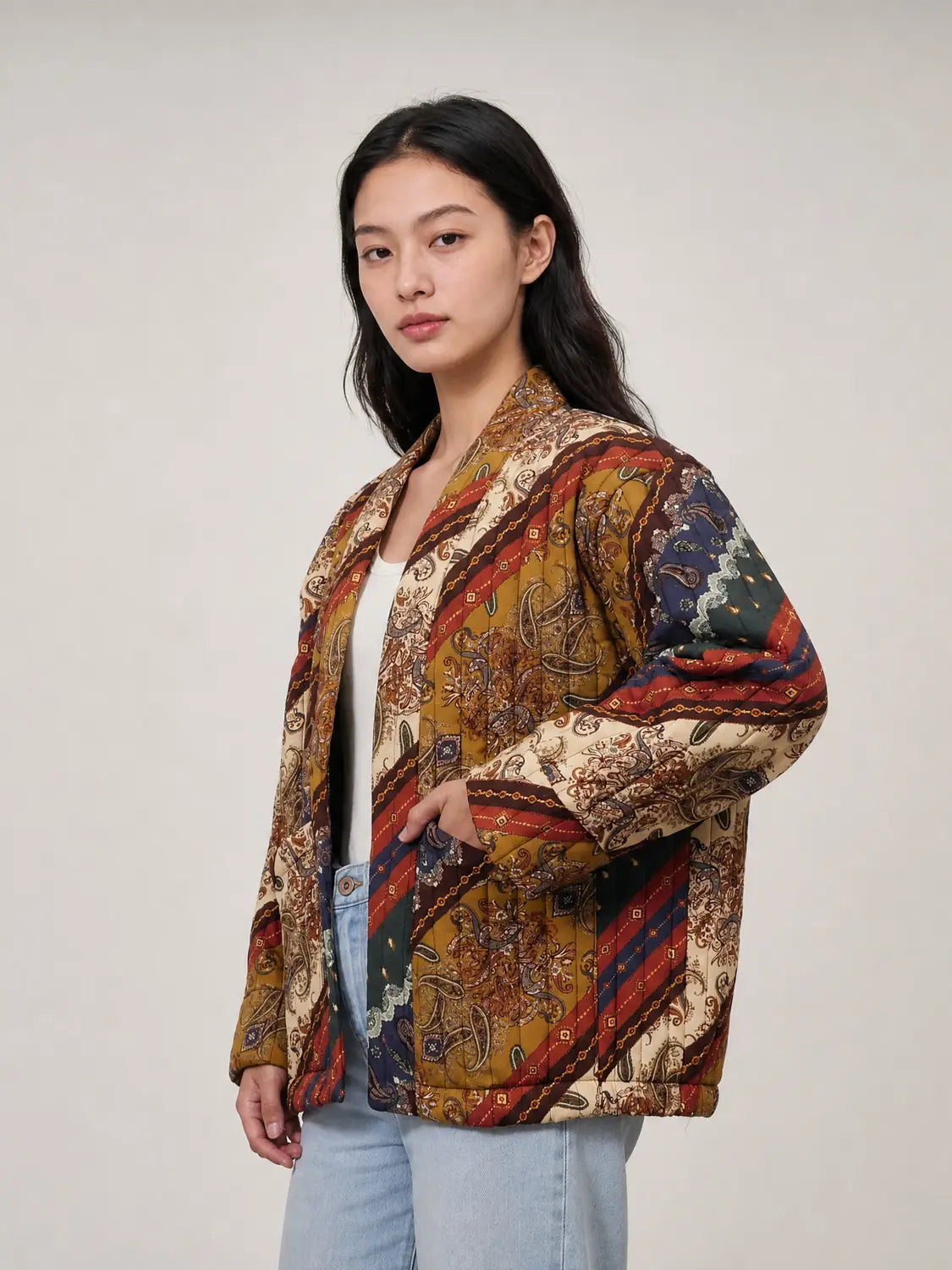 Quilted Paisley Open Front Jacket
