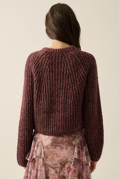 Button-Front Ribbed-Knit Cardigan Plum