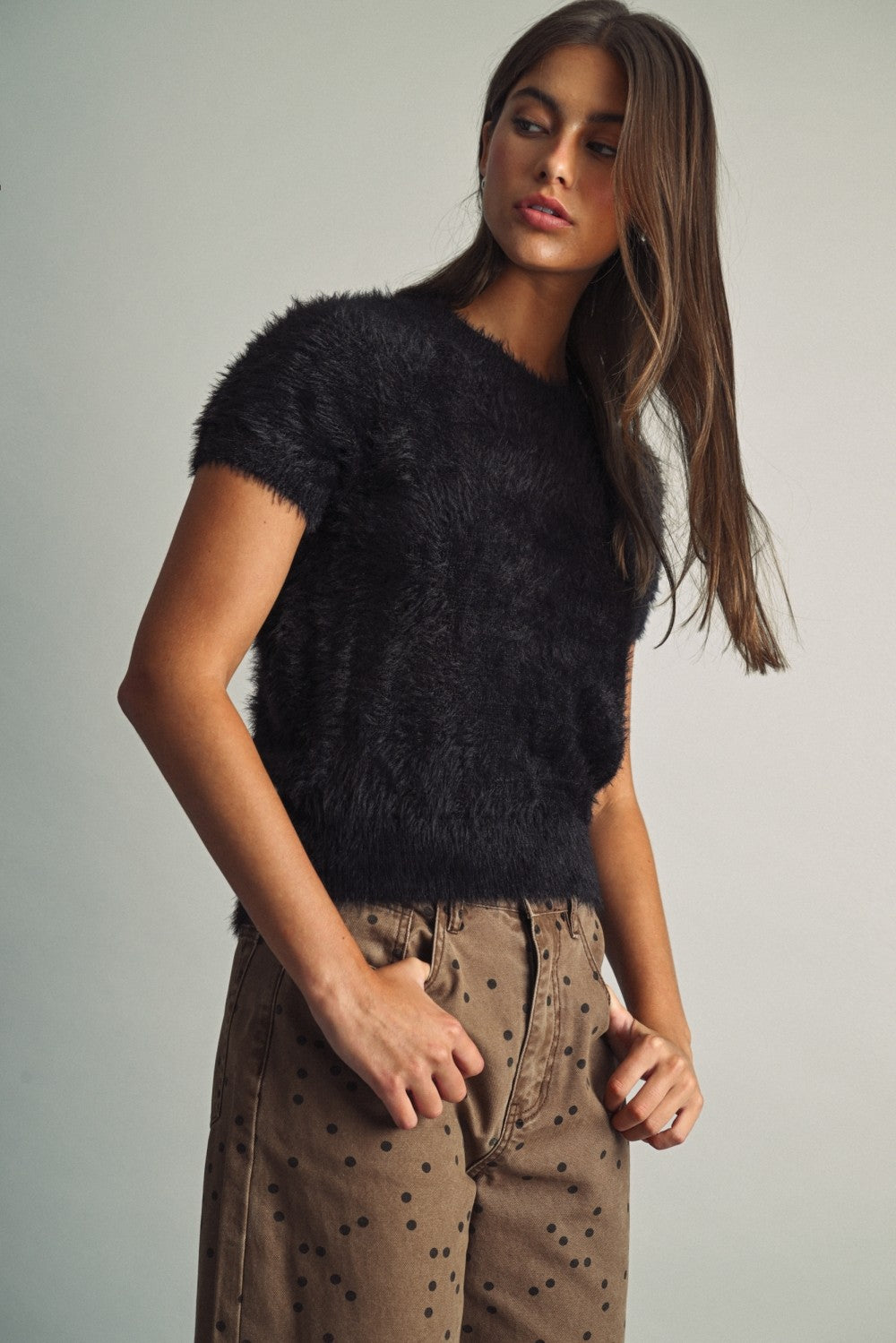 Faux Fur Short Sleeve Sweater Black