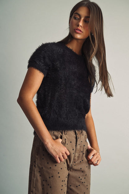 Faux Fur Short Sleeve Sweater Black