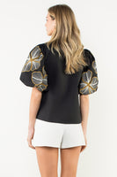 Emboidered Sleeve V Neck Ruffle Top