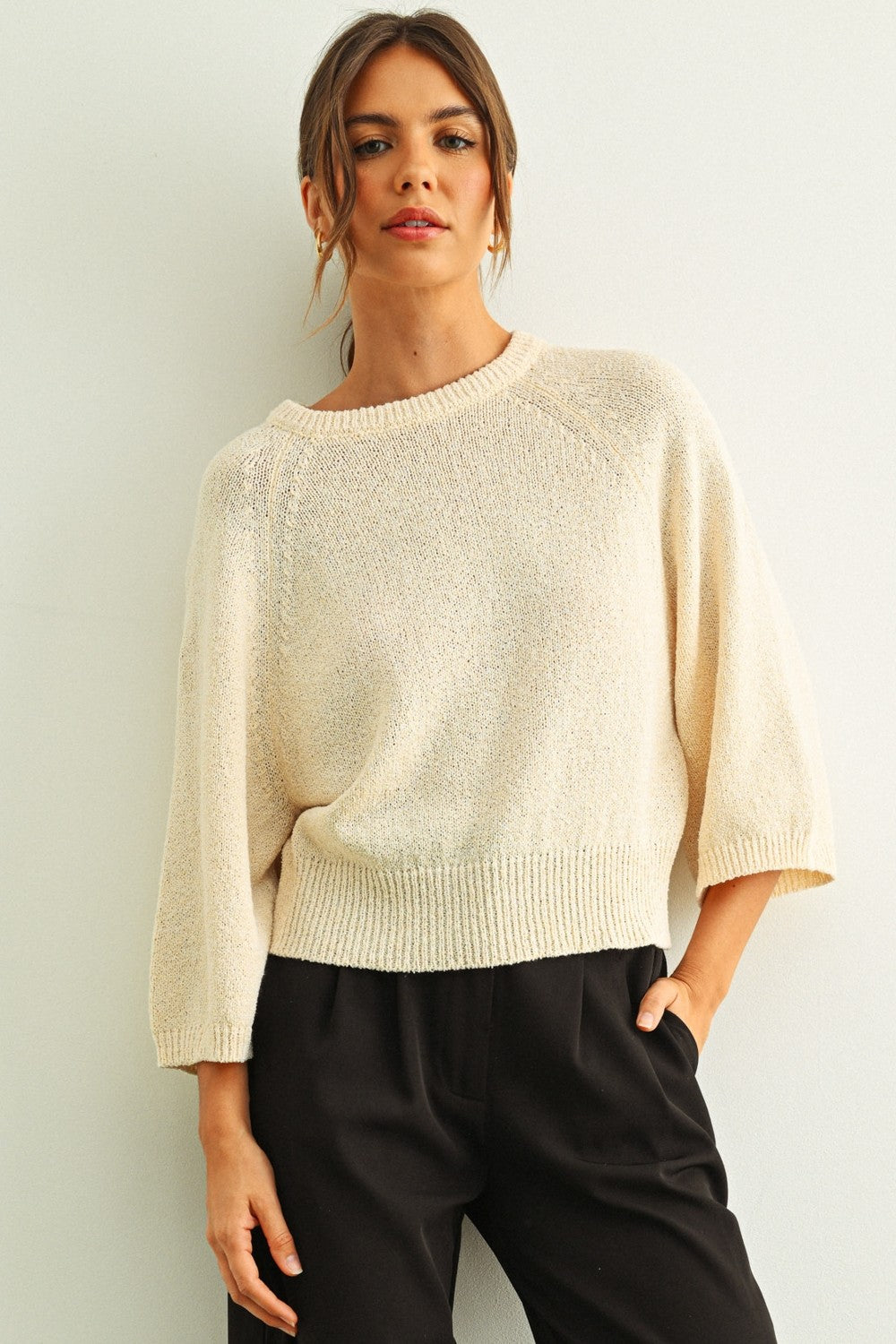 Round Neck 3/4 Sleeve Sweater Beige