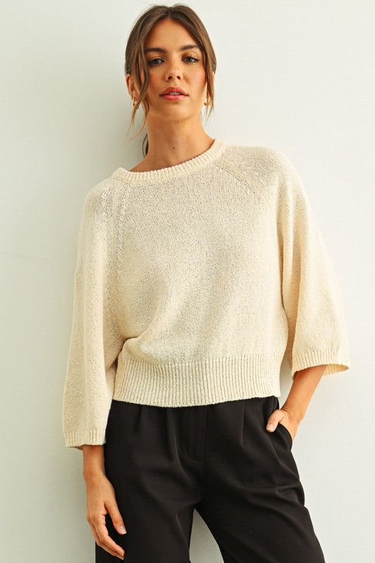 Round Neck 3/4 Sleeve Sweater Beige