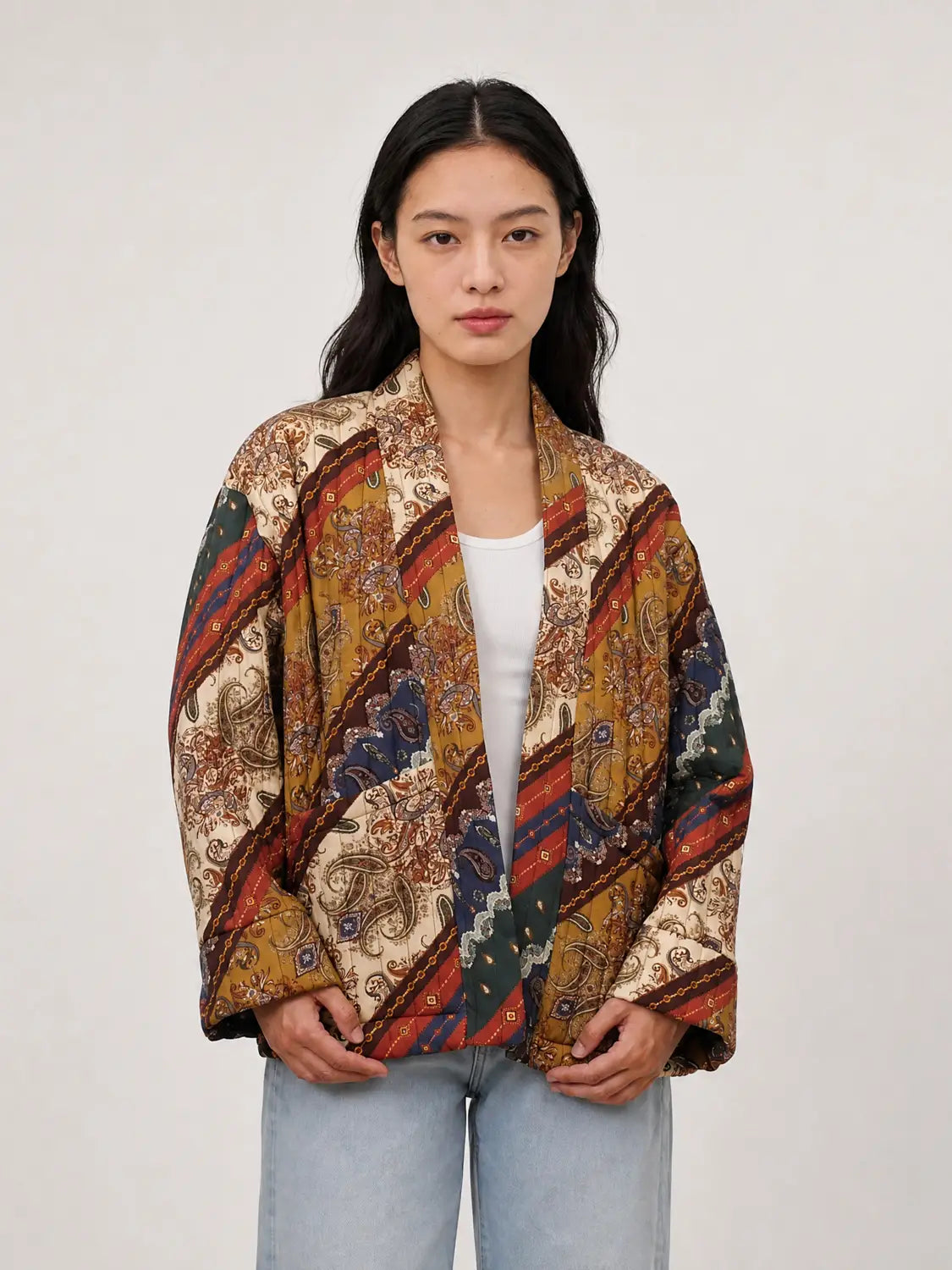 Quilted Paisley Open Front Jacket
