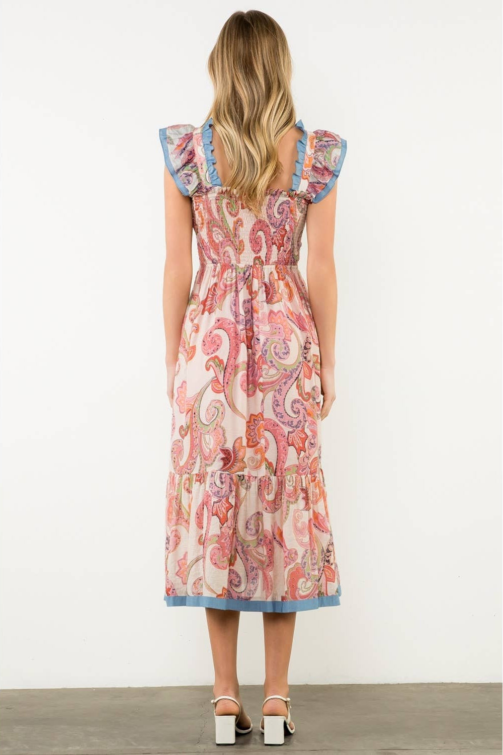 Smocked Flutter Sleeve Paisley Print Dress