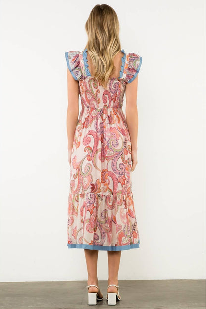 Smocked Flutter Sleeve Paisley Print Dress