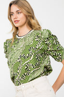 Abstract Foliage Ruched Sleeve Top