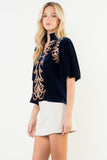 Puff Sleeve Velvet Embroidered Top