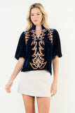 Puff Sleeve Velvet Embroidered Top
