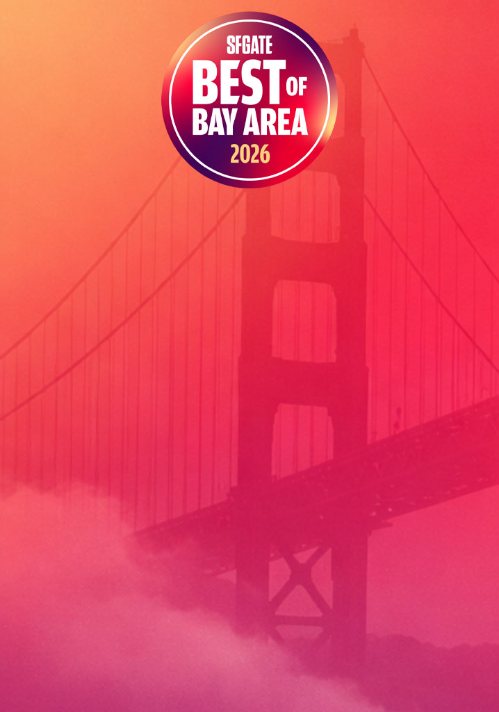 Golden Gate Bridge with 'SFGATE Best of Bay Area 2026' logo on a red and orange gradient background