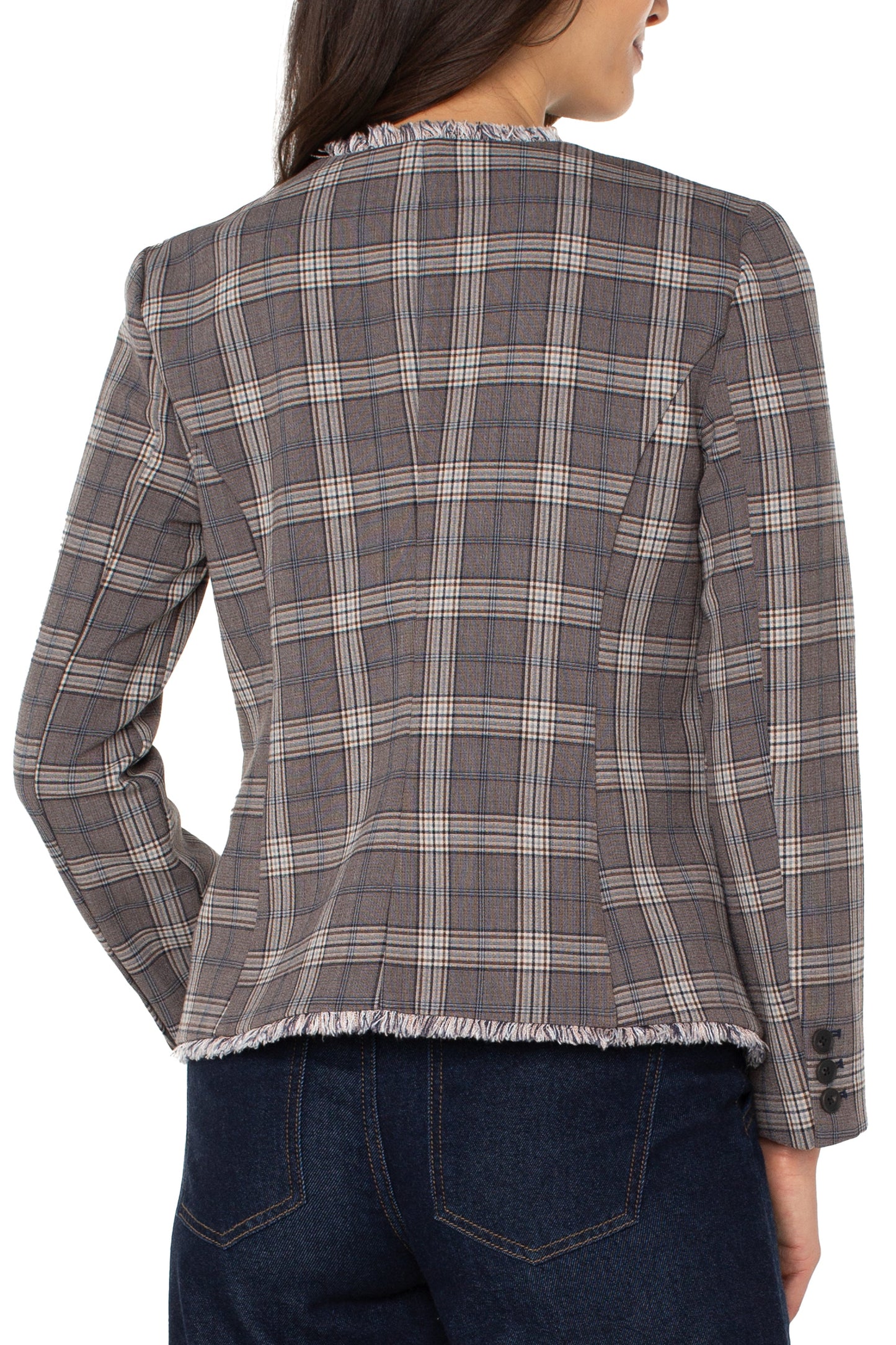 Collarless Fitted Blazer with Fray Detail