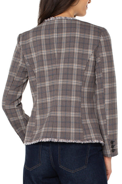 Collarless Fitted Blazer with Fray Detail