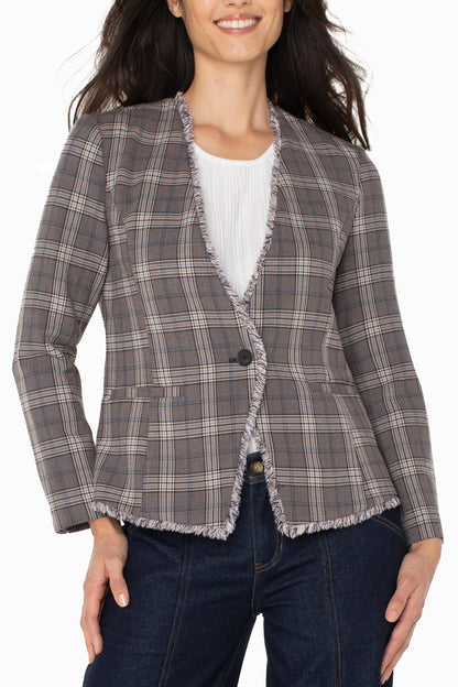 Collarless Fitted Blazer with Fray Detail