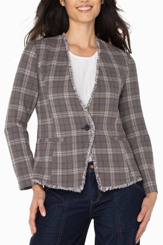 Collarless Fitted Blazer with Fray Detail