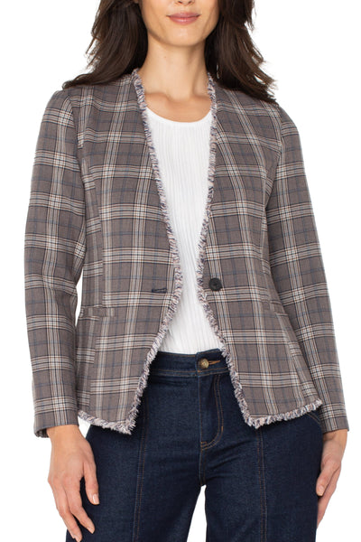 Collarless Fitted Blazer with Fray Detail