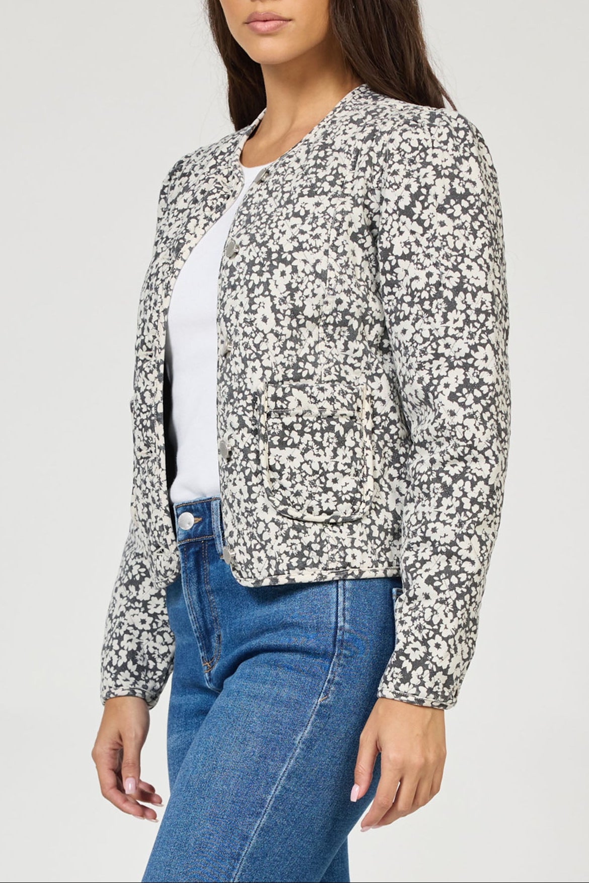 Kit Collarless Quilted Jacket Black Pansey