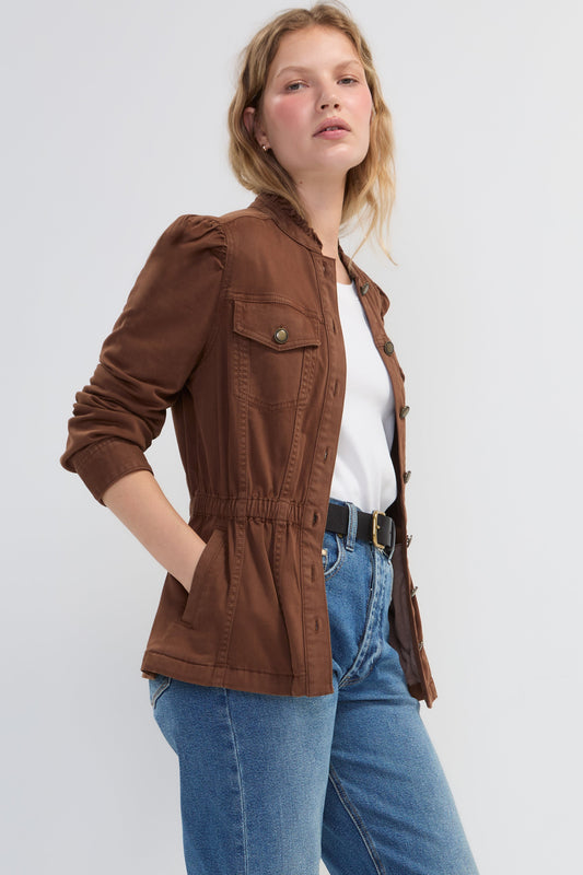 Puff Sleeve Trucker Jacket with Ruffle Collar