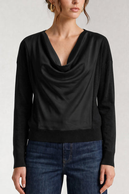 Drape Neck Woven Sweater Hybrid Black