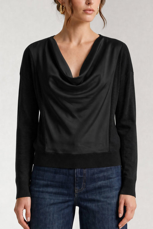 Drape Neck Woven Sweater Hybrid Black