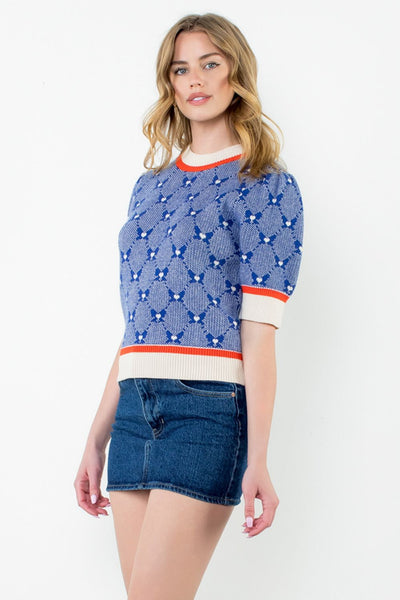 Short Sleeve Blue Bow Sweater