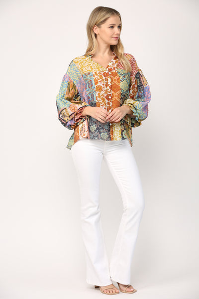 Patch Work Bubble Sleeve Blouse